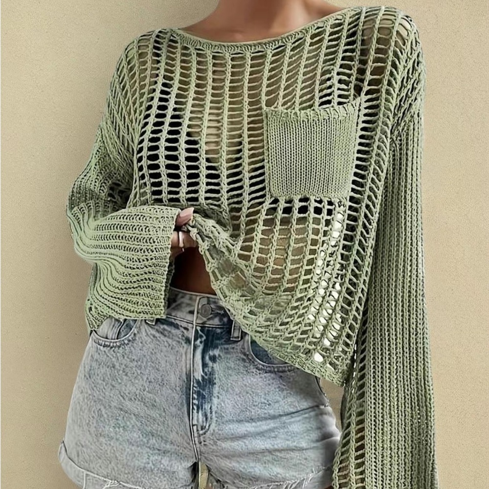 Hollowed Out Round Neck Sweater with Pocket and Drop Shoulder in Green Size XL